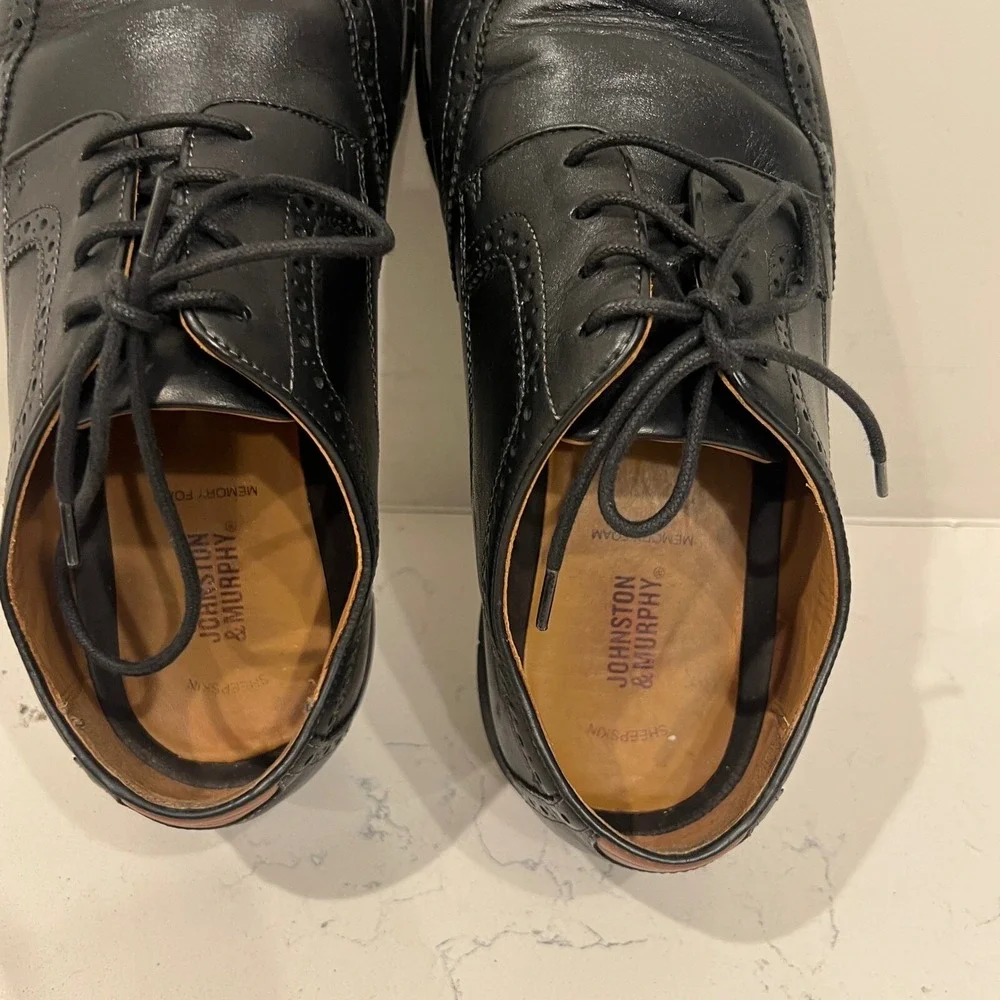 Johnston & Murphy Wingtip Oxfords Mens 12M Black Excellent Leather Dress Shoes‎